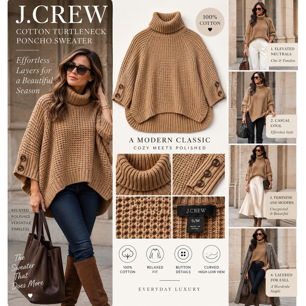 J.Crew Cotton Turtleneck Poncho Sweater Camel Chunky Knit Button Sleeve S/M